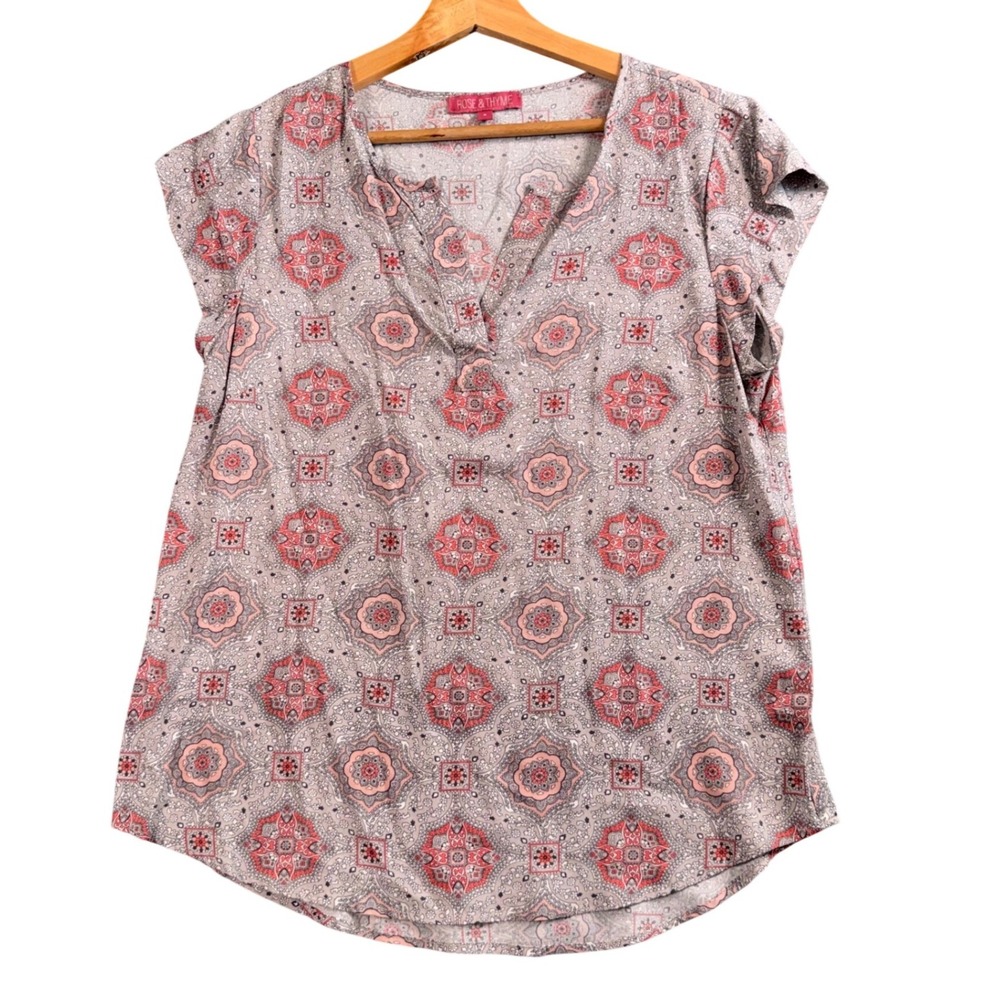Rose & Thyme Blouse Womens Small Pink Gray Medallion Paisley Rayon Boho Top